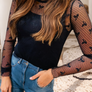 Bow Pattern Accent Mesh Long Sleeve Top