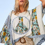 POL- V-neck floral print multi color peace patch top