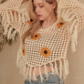 Sunflower Patched Crochet Sweater with Fringes