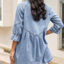 Ruffled 3/4 Sleeve Buttoned Front Plus Size Denim Dress: XL / Blue