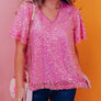 V Neck Wide Sleeve Sequin Top: L / Pink