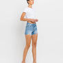 HIGH RISE DISTRESSED CRISS CROSS SHORTS BLUE DENIM / M