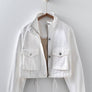 Utility Cropped Drawstring Hem Stand Collar Denim Jacket