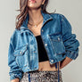 Utility Cropped Drawstring Hem Stand Collar Denim Jacket