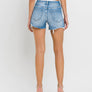 HIGH RISE DISTRESSED CRISS CROSS SHORTS BLUE DENIM / M