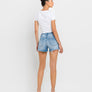 HIGH RISE DISTRESSED CRISS CROSS SHORTS BLUE DENIM / M