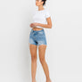 HIGH RISE DISTRESSED CRISS CROSS SHORTS BLUE DENIM / M