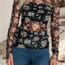 Floral Mesh Long Sleeve Round Neck Slim Fit Blouse
