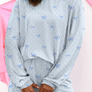 Bow Print Rib Loose Long Sleeve Top 2pcs Short Set (S-XL)