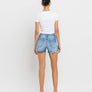 HIGH RISE DISTRESSED CRISS CROSS SHORTS BLUE DENIM / M