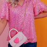 V Neck Wide Sleeve Sequin Top: S / Pink