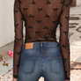 Bow Pattern Accent Mesh Long Sleeve Top
