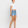HIGH RISE DISTRESSED CRISS CROSS SHORTS BLUE DENIM / M