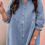 Ruffled 3/4 Sleeve Buttoned Front Plus Size Denim Dress: XL / Blue