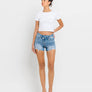 HIGH RISE DISTRESSED CRISS CROSS SHORTS BLUE DENIM / M