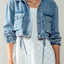 Utility Cropped Drawstring Hem Stand Collar Denim Jacket
