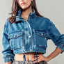 Utility Cropped Drawstring Hem Stand Collar Denim Jacket
