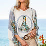 POL- V-neck floral print multi color peace patch top