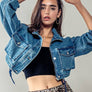 Utility Cropped Drawstring Hem Stand Collar Denim Jacket