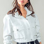 Utility Cropped Drawstring Hem Stand Collar Denim Jacket