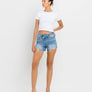 HIGH RISE DISTRESSED CRISS CROSS SHORTS BLUE DENIM / M
