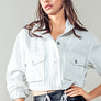 Utility Cropped Drawstring Hem Stand Collar Denim Jacket