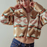 AZTEC PRINT SHERPA CROPPED JACKET: KHAKI