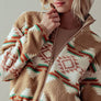 AZTEC PRINT SHERPA CROPPED JACKET: KHAKI