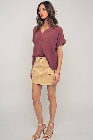 Relaxed V-Neck Top with Folded Sleeves - Mauve