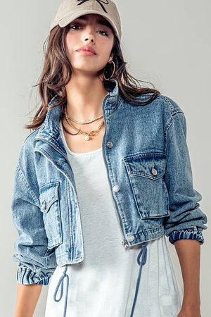 Utility Cropped Drawstring Hem Stand Collar Denim Jacket