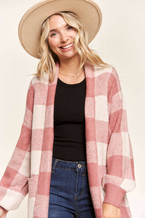 OPEN FRONT LONG PLAID CARDIGAN