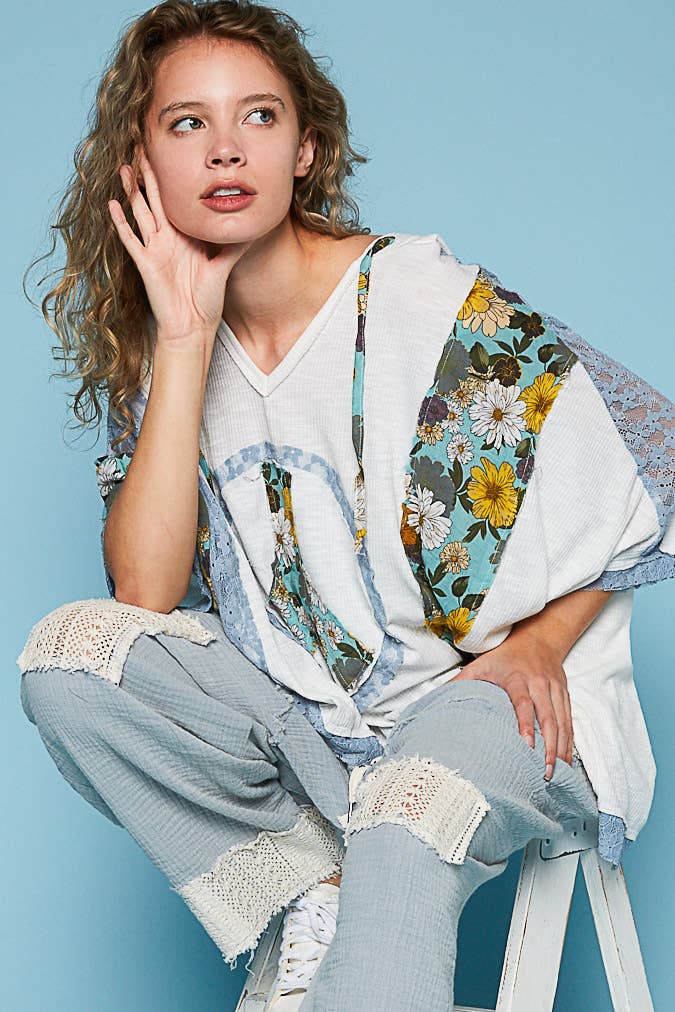 POL- V-neck floral print multi color peace patch top