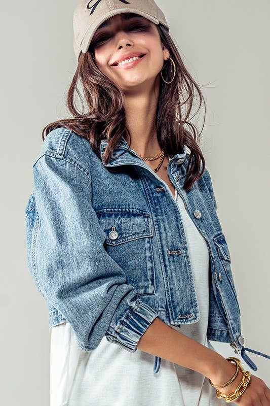 Utility Cropped Drawstring Hem Stand Collar Denim Jacket