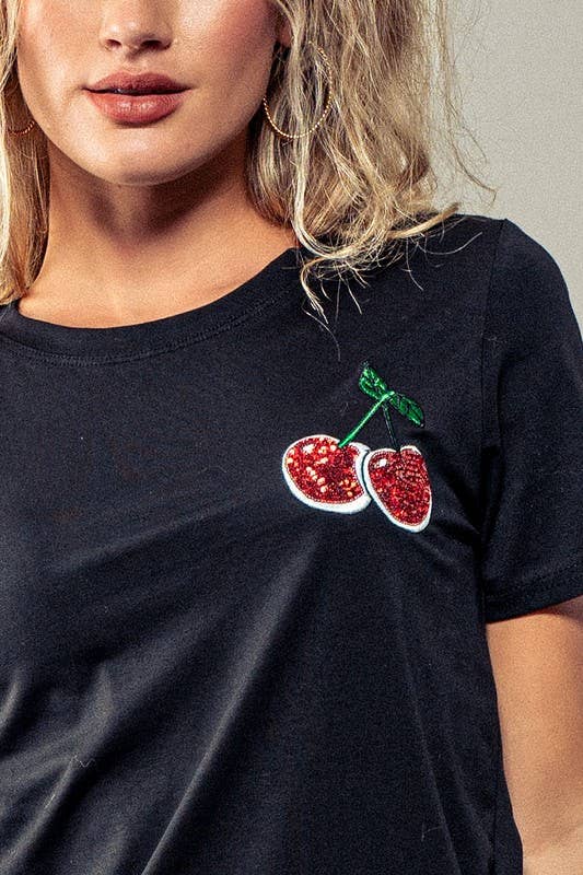 Romantic Glitter Cherry Embroidered Casual Graphic Tee