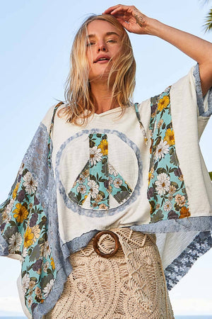 POL- V-neck floral print multi color peace patch top