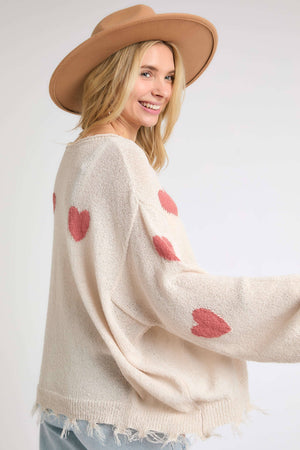 HEART SWEATER TOP W/ FRAYED EDGE