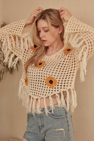 Sunflower Patched Crochet Sweater with Fringes
