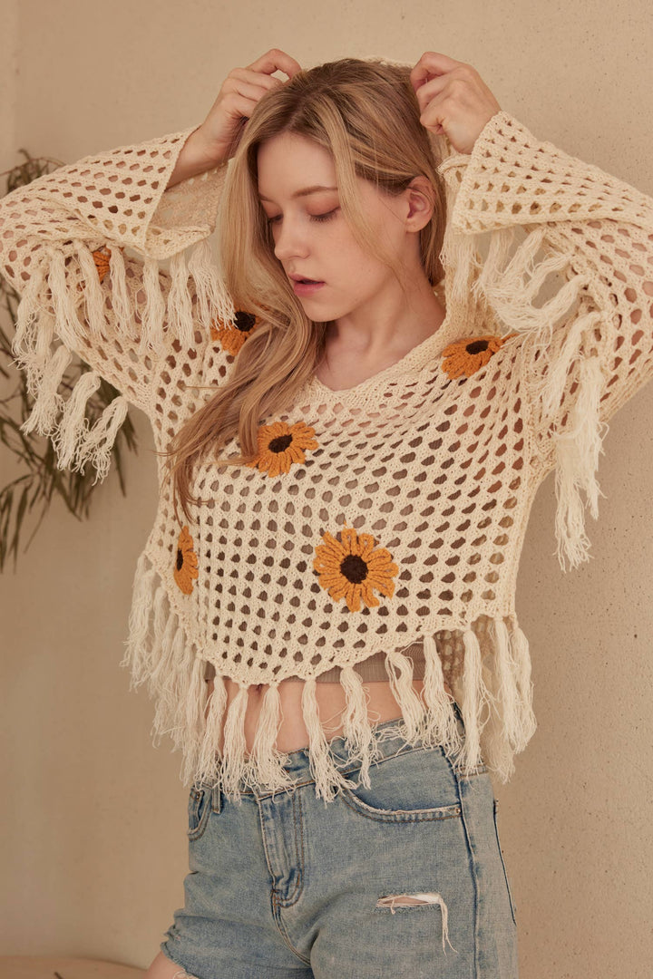 Sunflower Patched Crochet Sweater with Fringes
