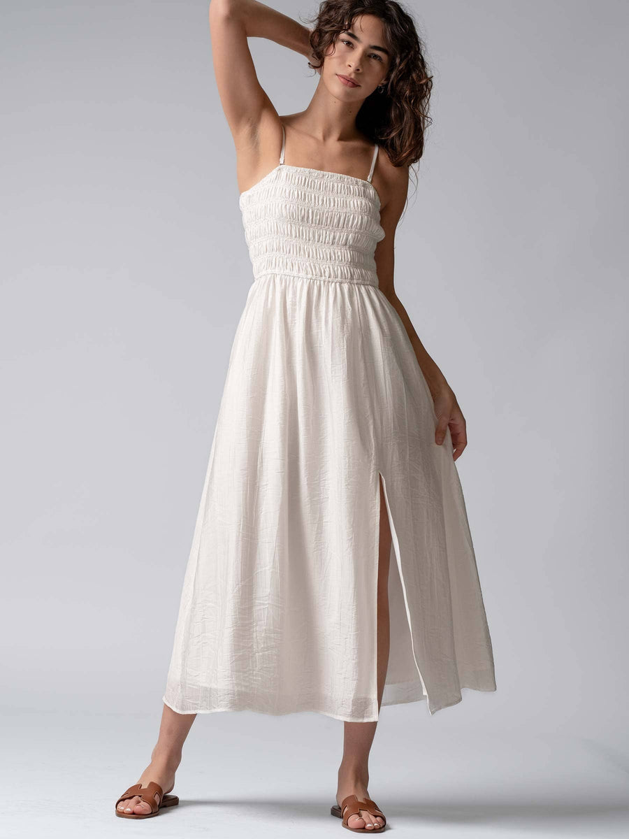 Smocked Tencel Maxi Dress with Side Slit
