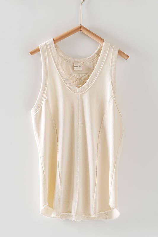 WASHED LOOSE FIT RACERBACK V-NECK TANK TOP: IVORY / S-2/M-2/L-2