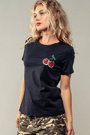 Romantic Glitter Cherry Embroidered Casual Graphic Tee