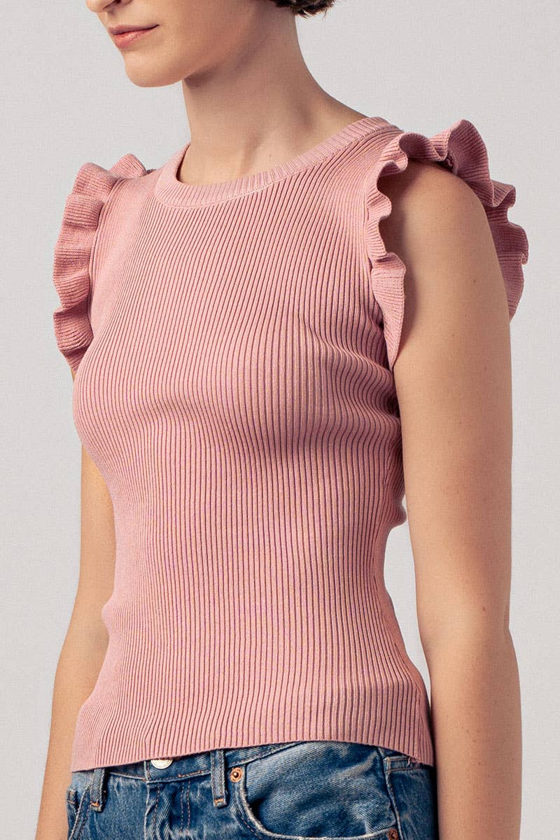 Flutter Sleeve Ribbed Crew Neck Ruffle Tank Top