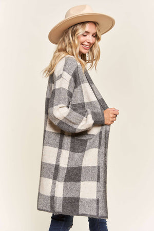 OPEN FRONT LONG PLAID CARDIGAN