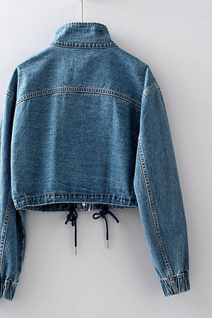 Utility Cropped Drawstring Hem Stand Collar Denim Jacket