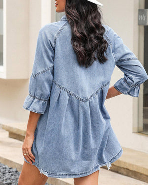 Ruffled 3/4 Sleeve Buttoned Front Plus Size Denim Dress: XXXL / Blue – Green Bubble Gorgeous