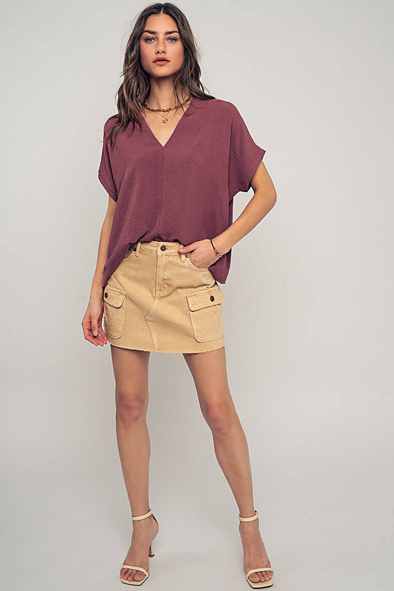 Relaxed V-Neck Top with Folded Sleeves - Mauve