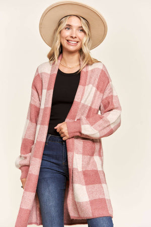 OPEN FRONT LONG PLAID CARDIGAN