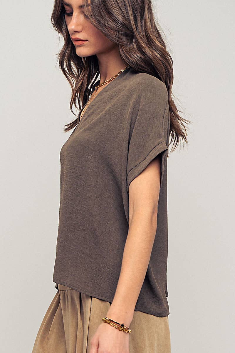 Relaxed V-Neck Top with Folded Sleeves - Mauve