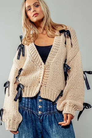 Bow Kissed Knit Cardigan - Taupe