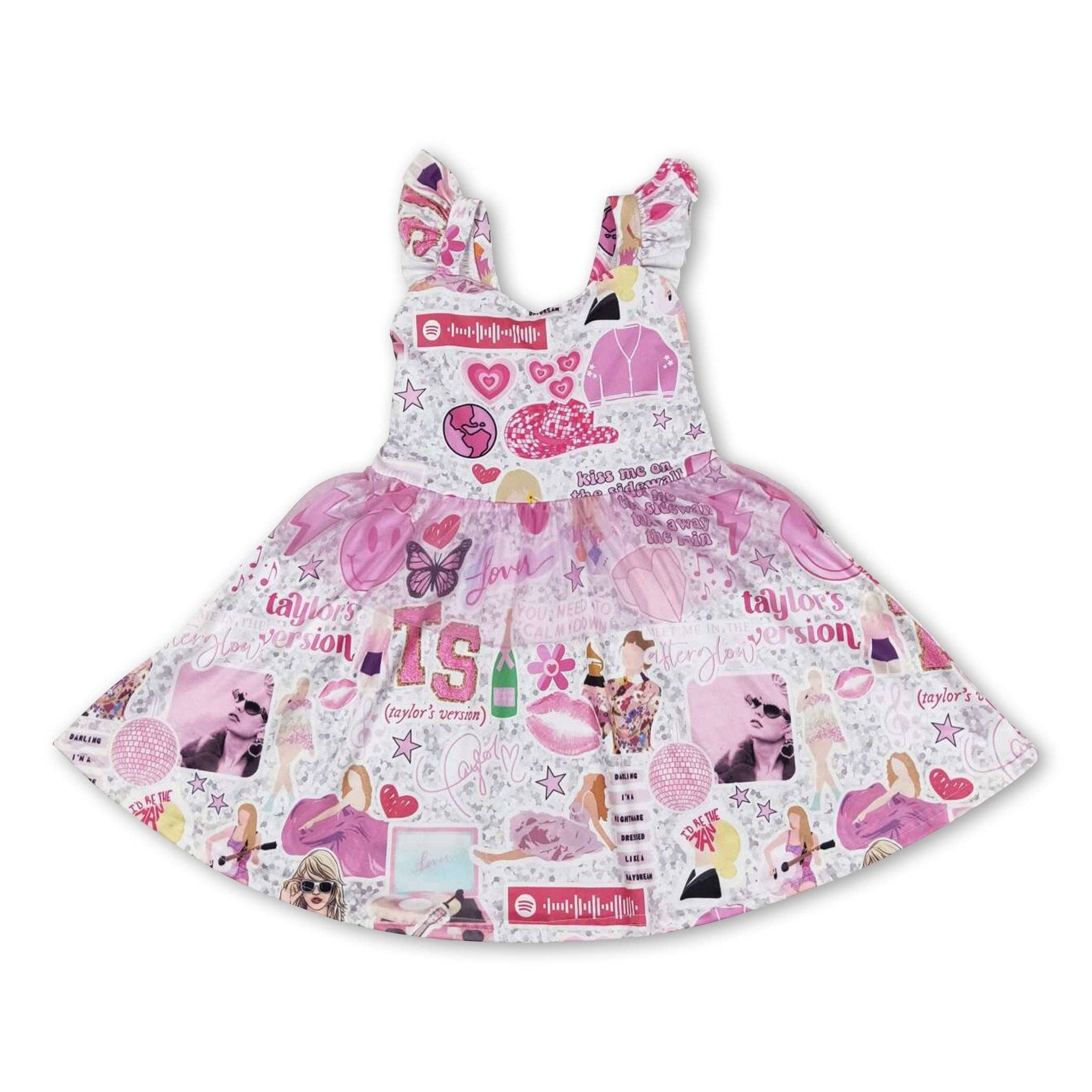 Taylor Swift Pink Flutter Sleeve Dress - Swiftie Girls Twirl Dress Green Bubble Gorgeous Taylor Swift Pink Flutter Sleeve Dress - Swiftie Girls Twirl Dress Green Bubble Gorgeous